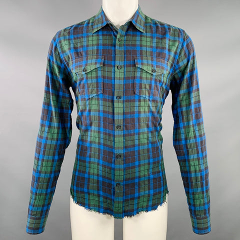VINCE Size S Green Blue Plaid Cotton Blend Raw Edge Long Sleeve Shirt