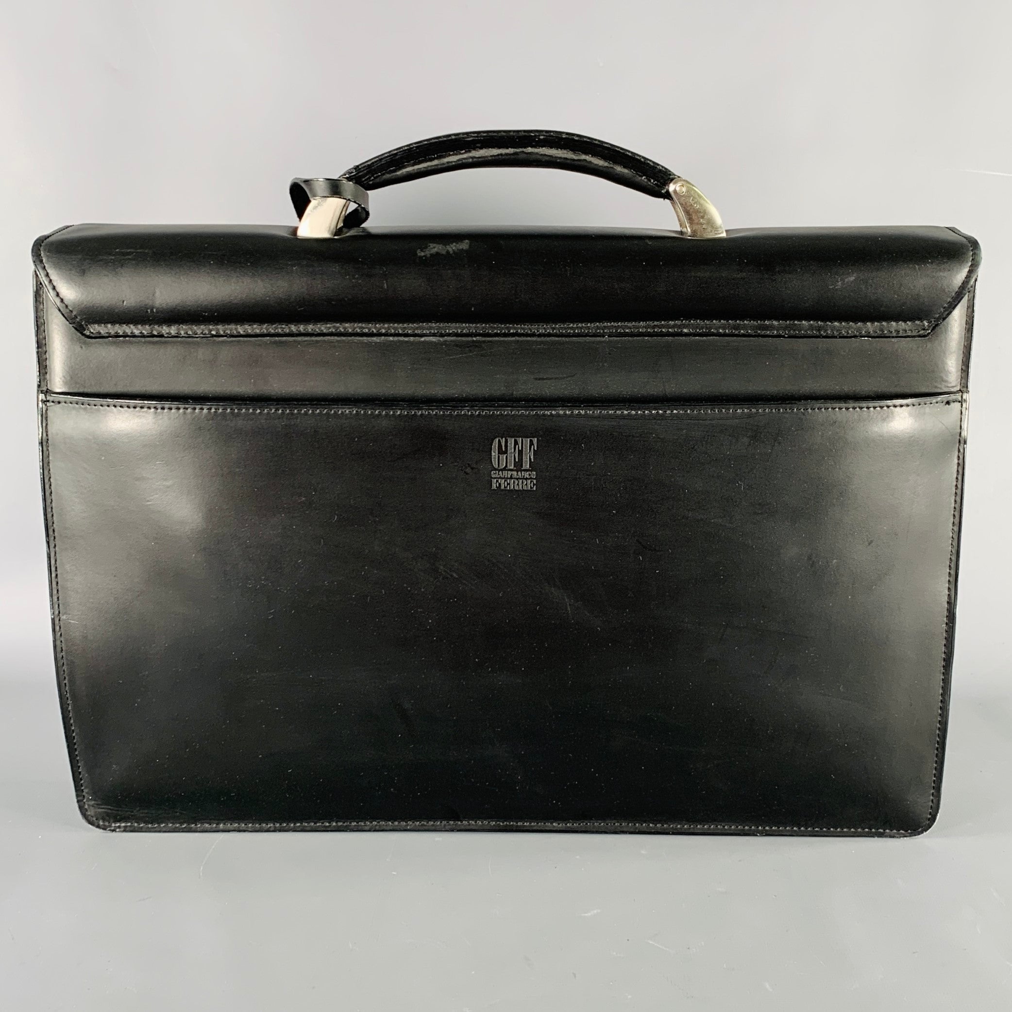 tmy8222【GIANFRANCO FERRE】レザーブリーフBAG 黒 GIANFRANCO FERRE Black Leather Briefcase Push Lock Bag – Sui
