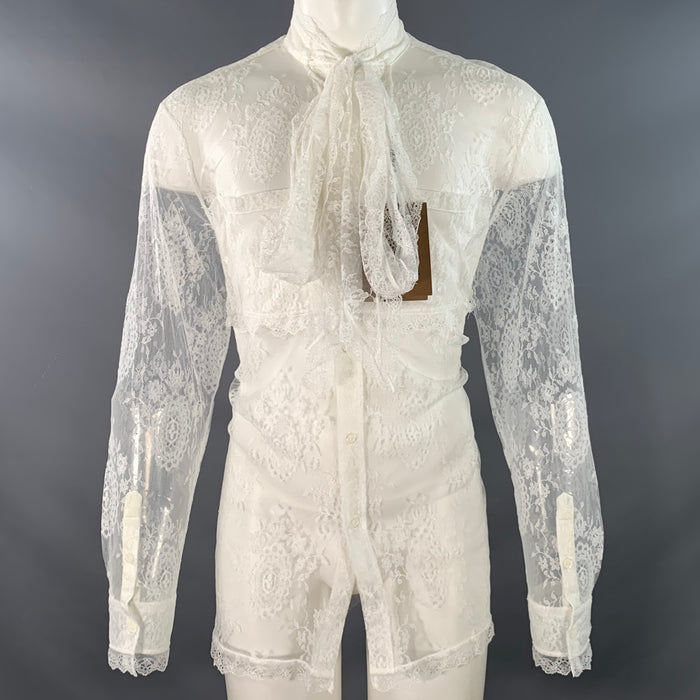 BURBERRY Size M White Lace Viscose Blend Bow Long Sleeve Shirt