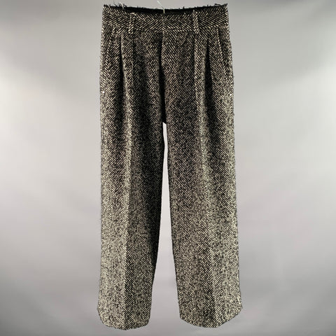 OFF-WHITE Size 30 White Black Herringbone Acrylic Blend Pleated Pants