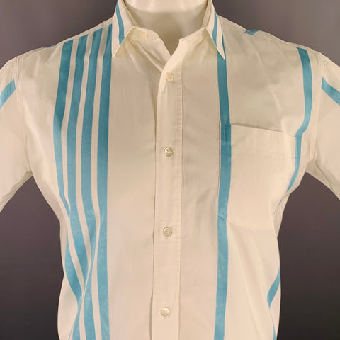 DRIES VAN NOTEN Size 42 White Blue Stripe Cotton Silk Short Sleeve Shirt
