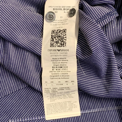 EMPORIO ARMANI Taille L Chemise Manches Longues Bleue Blanche Mélange Polyamide Motif Zig Zag