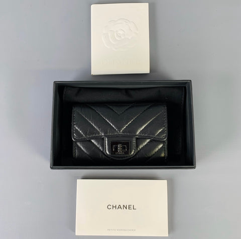 CHANEL Black Chevron Leather Card Case