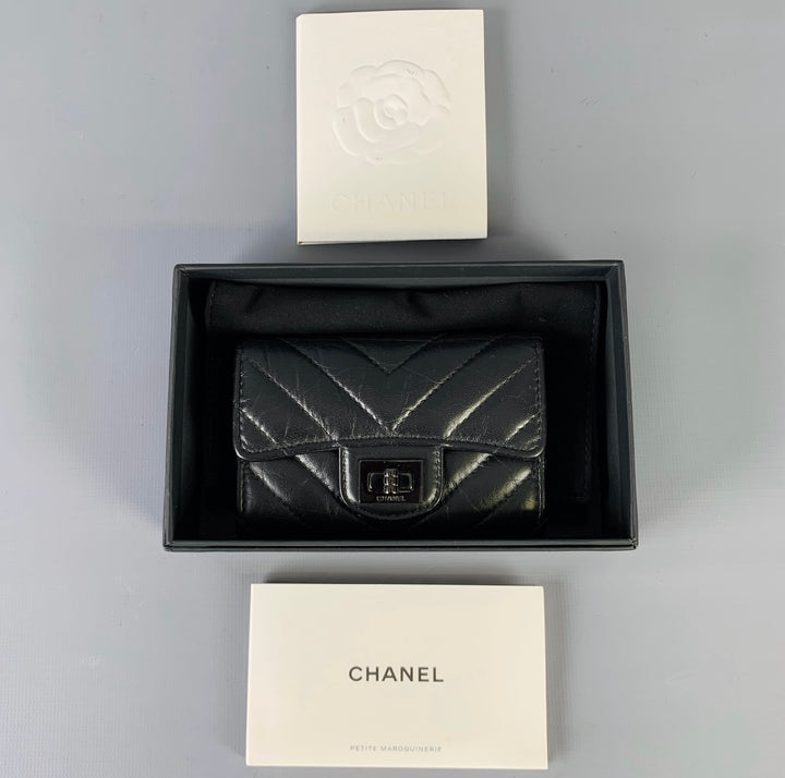 CHANEL Black Chevron Leather Card Case
