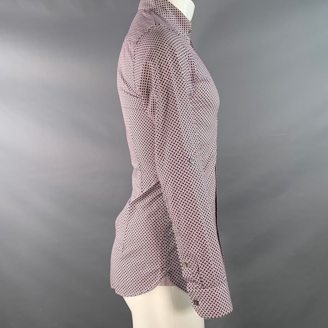 TED BAKER Size XS Nugate Burgundy White Abstract Floral Cotton Roll Tab Long Sleeve Shirt