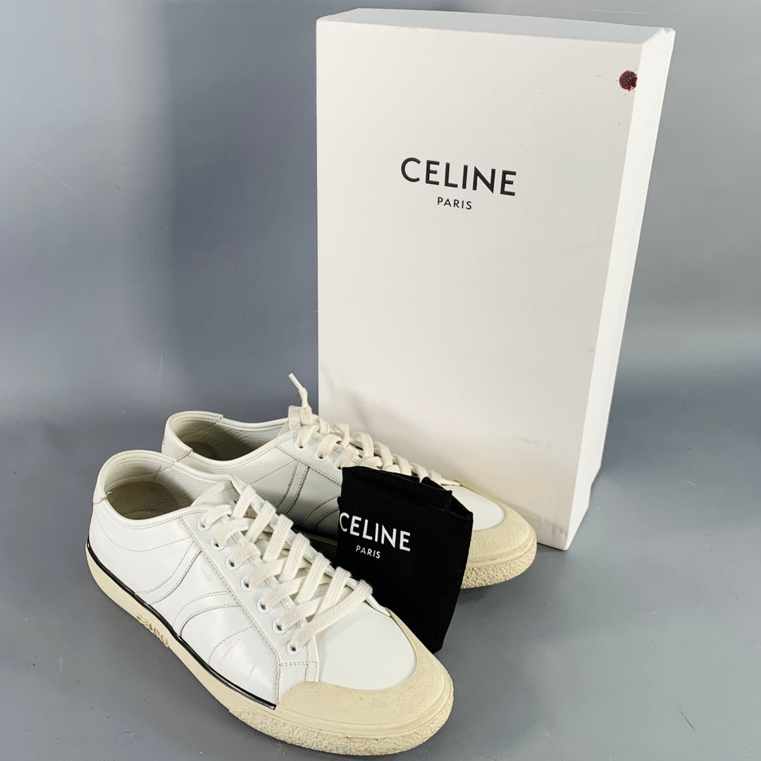 CELINE Size 8 White Leather Low Top Lace-Up Sneakers