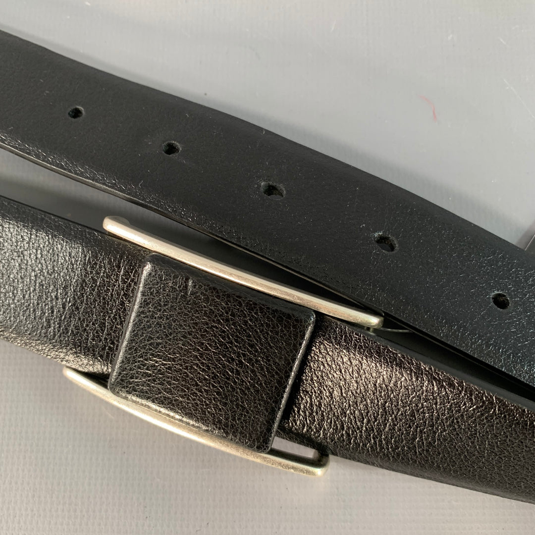 SAINT LAURENT Size 36 Black Silver Leather Box Frame Buckle Belt