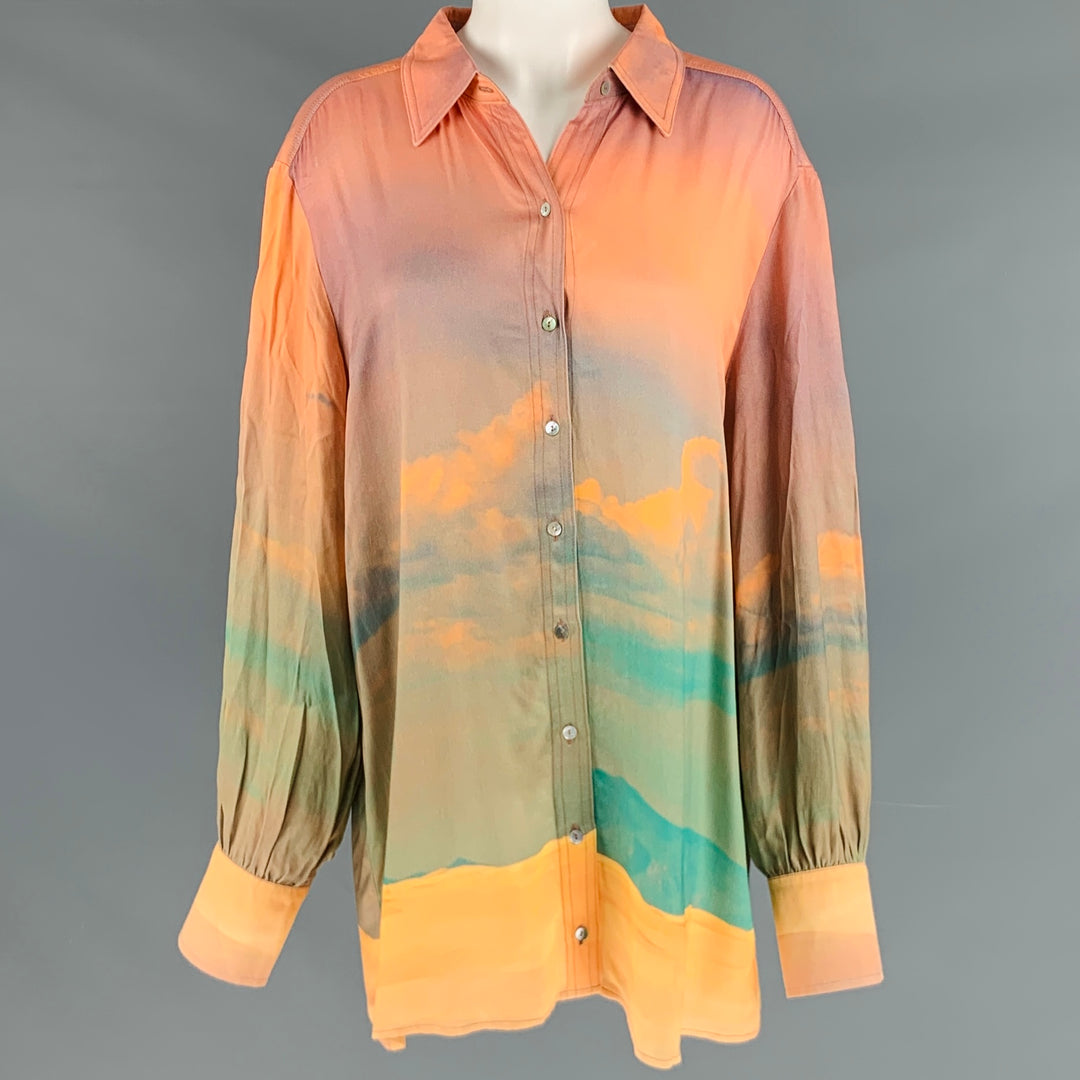 EIKO AI Size 2 Orange Green Viscose Marbled Oversized Shirt