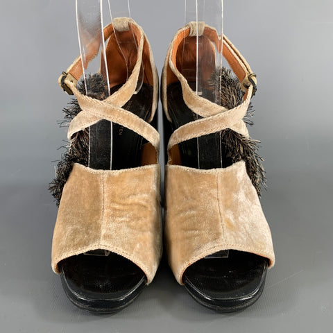 DRIES VAN NOTEN Size 7.5 Tan Black Velvet Fringe Ankle Strap Sandals