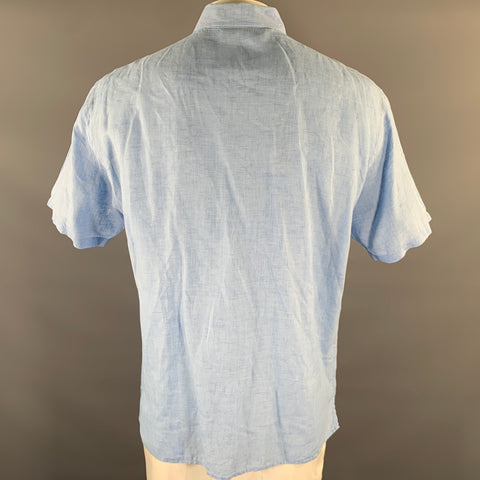 LORENZINI Size XL Blue Heather Linen Short Sleeve Shirt