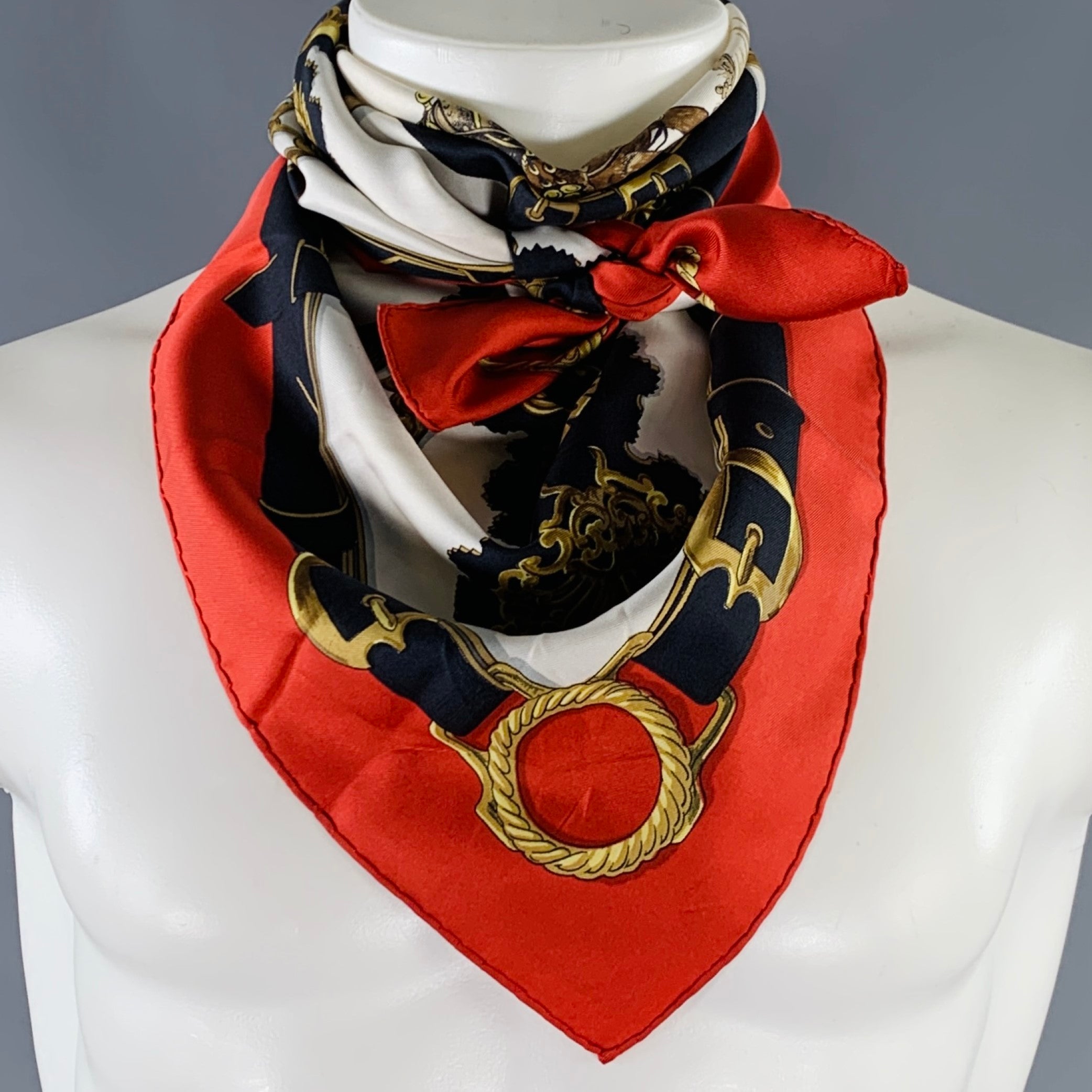 HERMES 1963 Cuivreris Red Gold White Black Horses Silk Twill Scarf