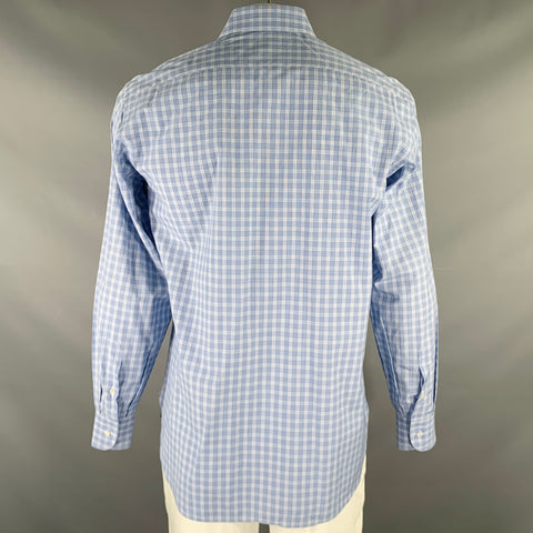 BRIONI Size L Blue Light Blue Plaid Cotton Button Up Long Sleeve Shirt