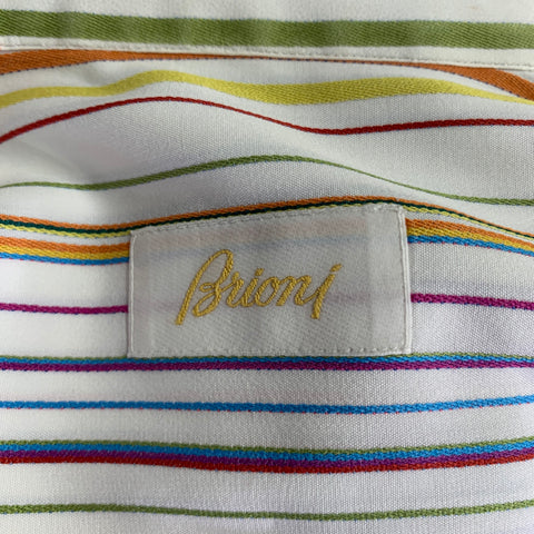 BRIONI Size M White Multi Color Stripe Cotton Button Up Long Sleeve Shirt