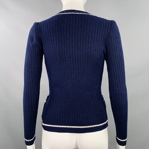 COURREGES Size S Navy White Ribbed V-Neck Cardigan