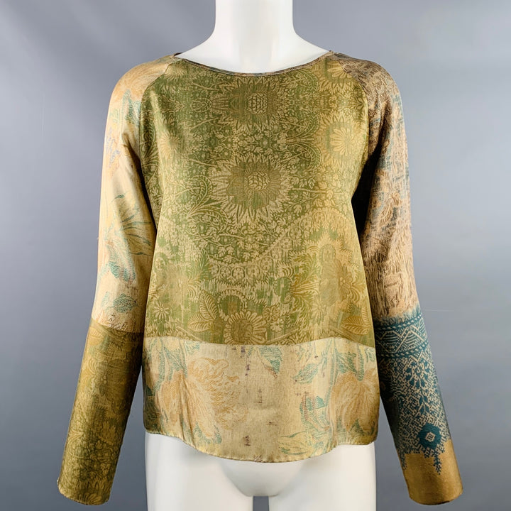 PIERRE-LOUIS MASCIA Size XS Green Brown Silk Floral Long Sleeve Dress Top