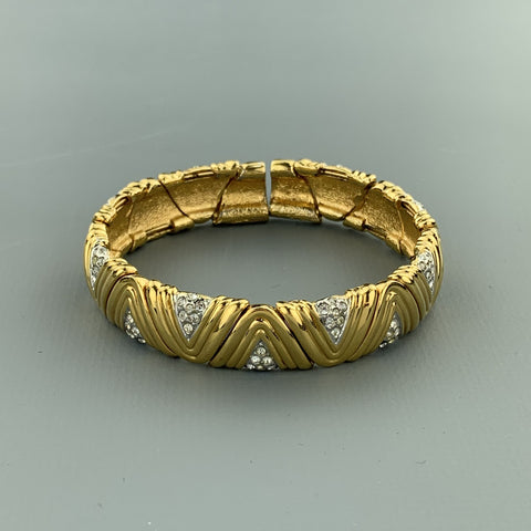 Vintage Gold Tone Metal Rhinestones Textured Open Cuff Bracelet