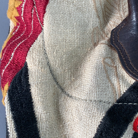 DRIES VAN NOTEN Brown Cream Red Embroidered Leather Tote Handbag