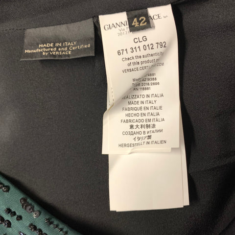 GIANNI VERSACE FW2018 Size 6 Black Green Viscose Blend Beaded V Neck Cocktail Dress