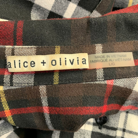 ALICE + OLIVIA Size L Black Red White Polyester Blend Plaid Button Up Shirt