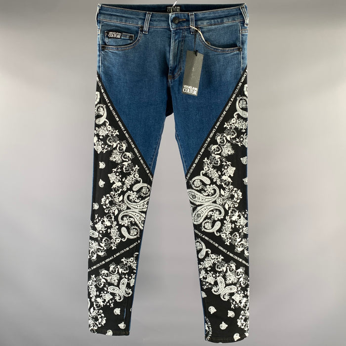 VERSACE Size 28 Medium Wash Bandana Cotton Blend Skinny Jeans