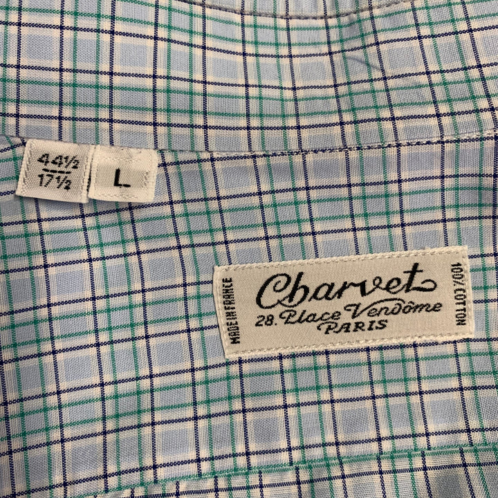 CHARVET Size L Blue Green Checkered Cotton Long Sleeve Shirt