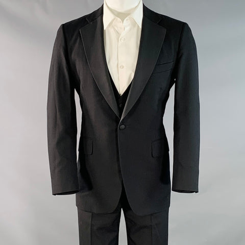 PAUL STUART Size 38 Regular Black Wool Notch Lapel 3 Piece Tuxedo