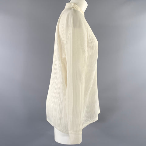 ISSEY MIYAKE Size S Cream Polyester Crinkled Nehru Collar Blouse