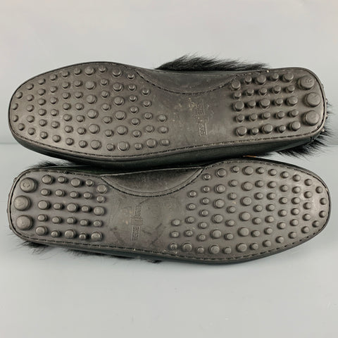 CAR SHOE Size 8 Black Leather Fur Trim Drivers Loafers