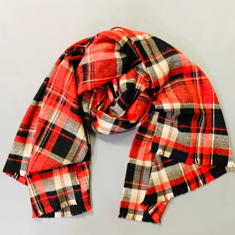 DSQUARED2 Red Black White Plaid Wool Blend Fringe Scarf