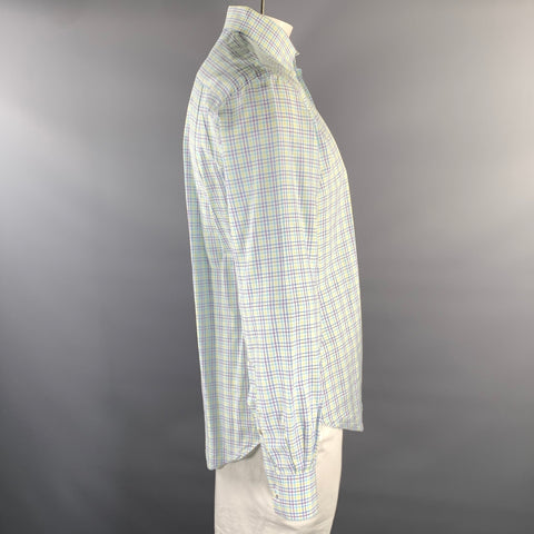 LORO PIANA Size XL White Purple Green Blue Plaid Long Sleeve Shirt