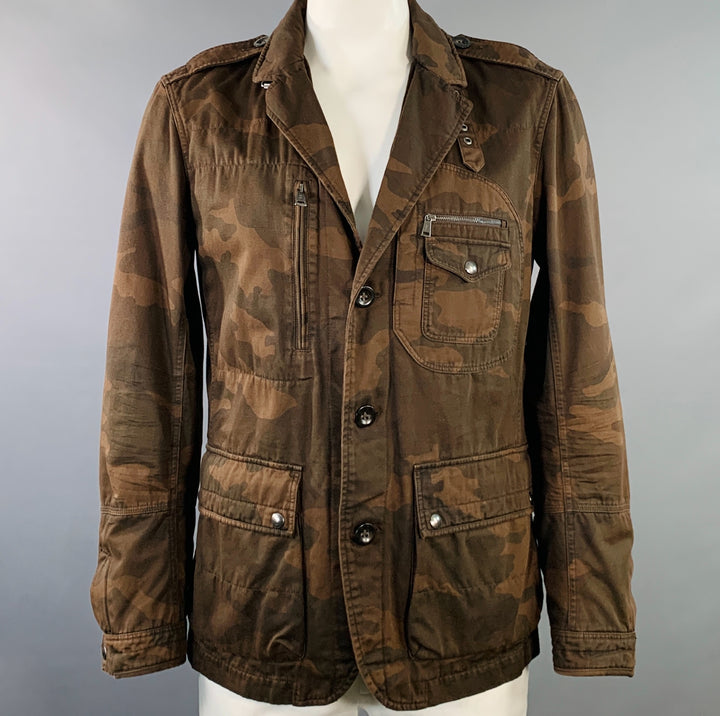 RALPH LAUREN Size L Brown Black Camouflage Cotton Epaulets Utility Jacket