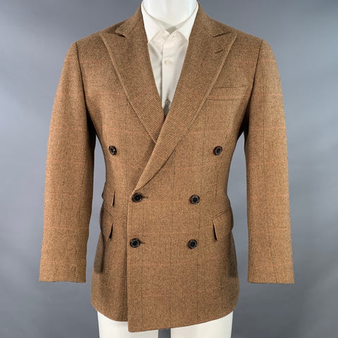 RALPH LAUREN Size 38 Regular Tan Brown Houndstooth Cashmere Peak Lapel Double Breasted Sport Coat