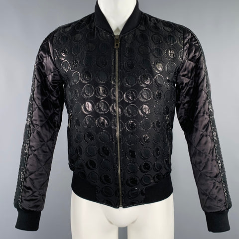 DOLCE & GABBANA Taille 34 Veste Bomber en Coton Mélangé Noir à Cercles Argentés