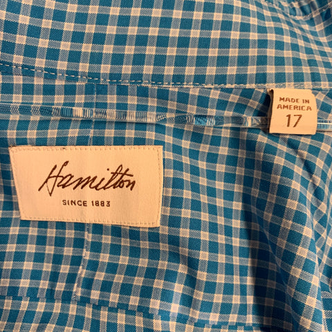 HAMILTON Size XXL Blue Aqua Checkered Cotton Curved Cutaway Long Sleeve Shirt