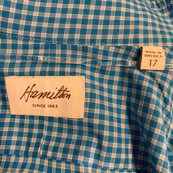HAMILTON Size XXL Blue Aqua Checkered Cotton Curved Cutaway Long Sleeve Shirt