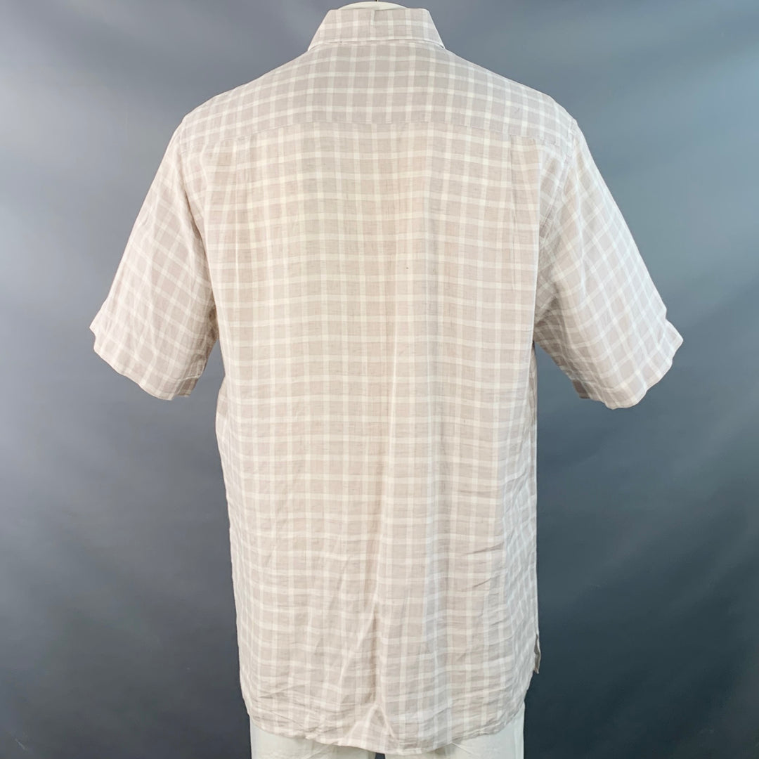 ERMENEGILDO ZEGNA Size L Grey White Plaid Linen One Pocket Short Sleeve Shirt