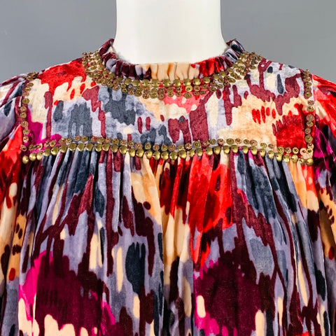 ULLA JOHNSON Size 2 Multi Color Velour Abstract Floral Beaded Blouse