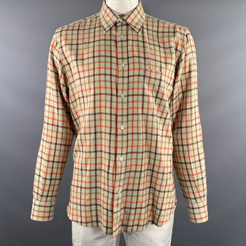 FRAY Size XL Green Orange & Brown Plaid Cotton Pointed Collar Long Sleeve Shirt
