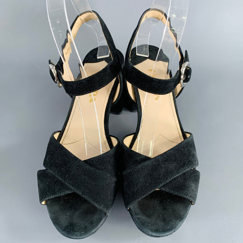 PRADA Size 7 Black Suede Chunky Heel Sandals