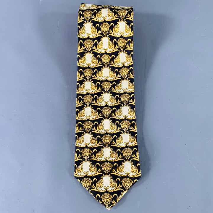 GIANNI VERSACE Black Gold Medusa Heads Silk Tie