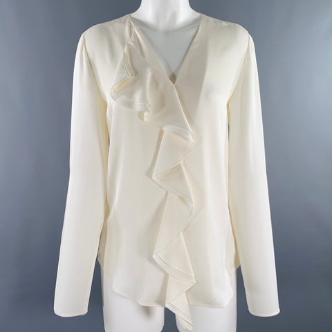 THEORY Size M Cream Silk Ruffled Long Sleeve Blouse