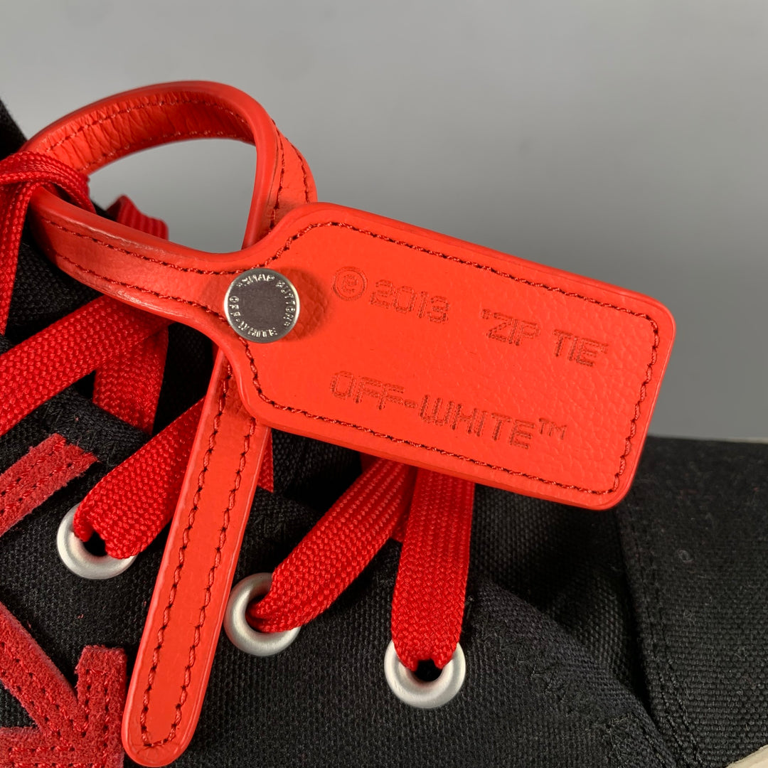 OFF-WHITE Size 13 Black Red Logo Canvas High Top Sneakers