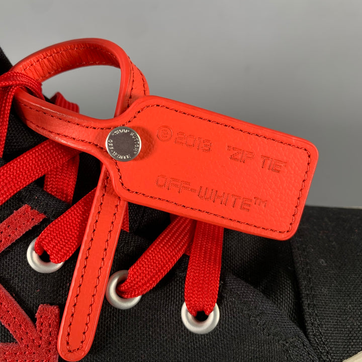 OFF-WHITE Size 13 Black Red Logo Canvas High Top Sneakers