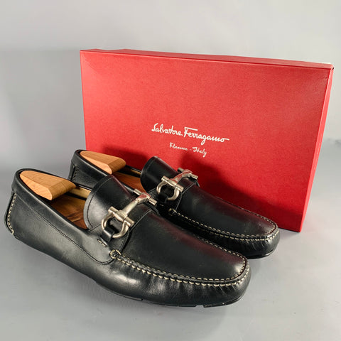 SALVATORE FERRAGAMO Size 10 -Parigi- Black Contrast Stitch Leather Drivers Loafers