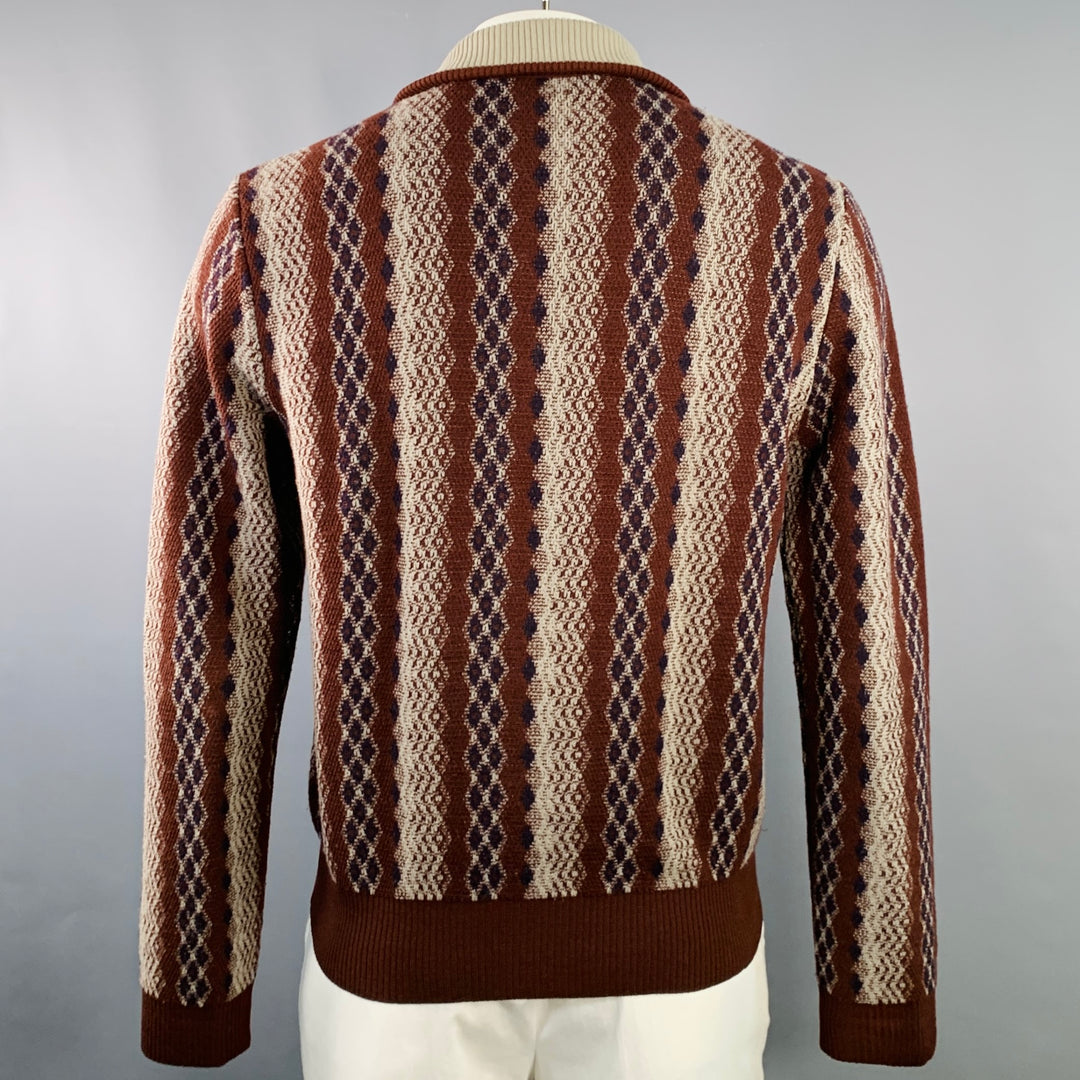 DRIES VAN NOTEN Size L Beige Orange Geometric Wool Zip Up Sweater
