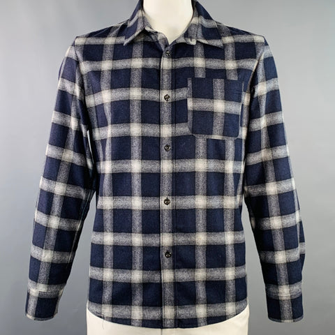 A.P.C. Size XL Navy Grey Plaid Wool Blend Button Up Long Sleeve Shirt