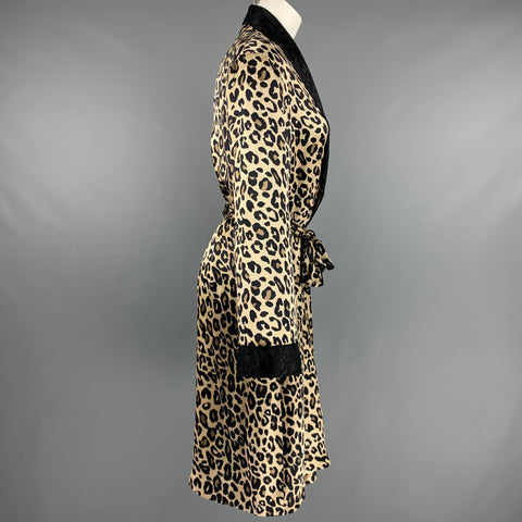 PAUL STUART Size M Black Beige Satin Animal Print Belted Bathrobe