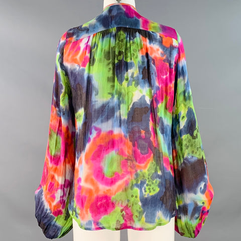PLEIN SUD Size 6 Multi Color Silk Tie Dye V-Neck Peasant Blouse Casual Top