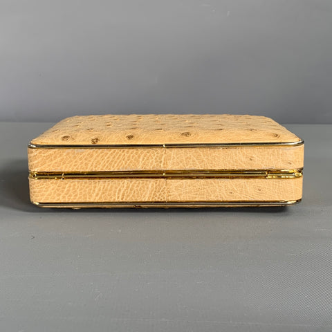 LORENZI Beige Gold Ostrich Leather Clutch Handbag