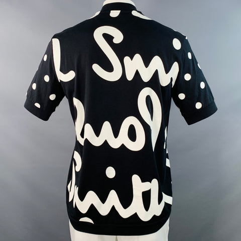 PAUL SMITH Size XL Black White Logo Cotton Zipper Short Sleeve Pullover